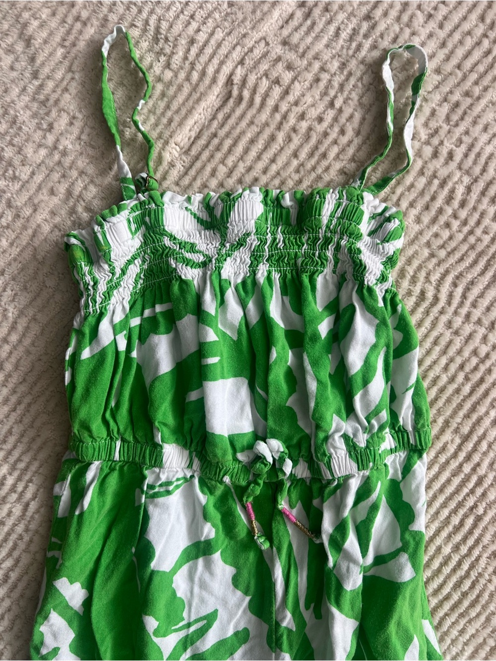 Green and White Smocked Spaghetti Strap Jumpsuit Sz S (4-6)
